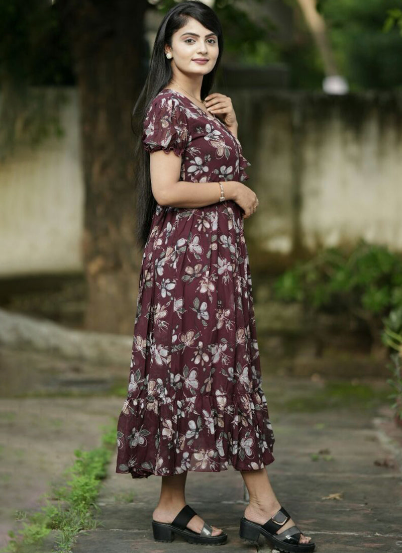 Modish Maroon Gathered Details Party Wear Maxi Dress