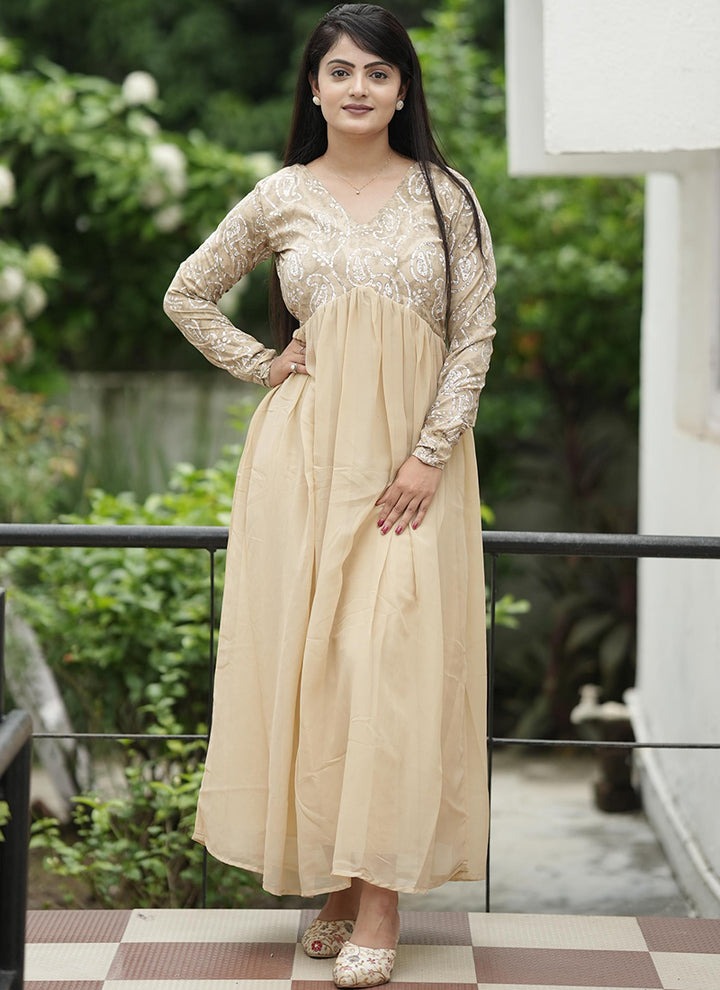 Trendy Beige Georgette Maxi dress