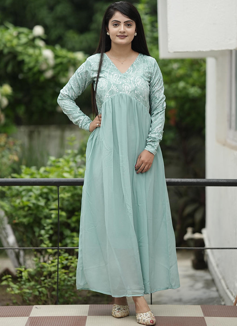 Georgette Ethnic Dress Sea Green Printed Maxi dress Shinisha Georgette Ethnic Dress Sea Green Printed Maxi dress Shinisha