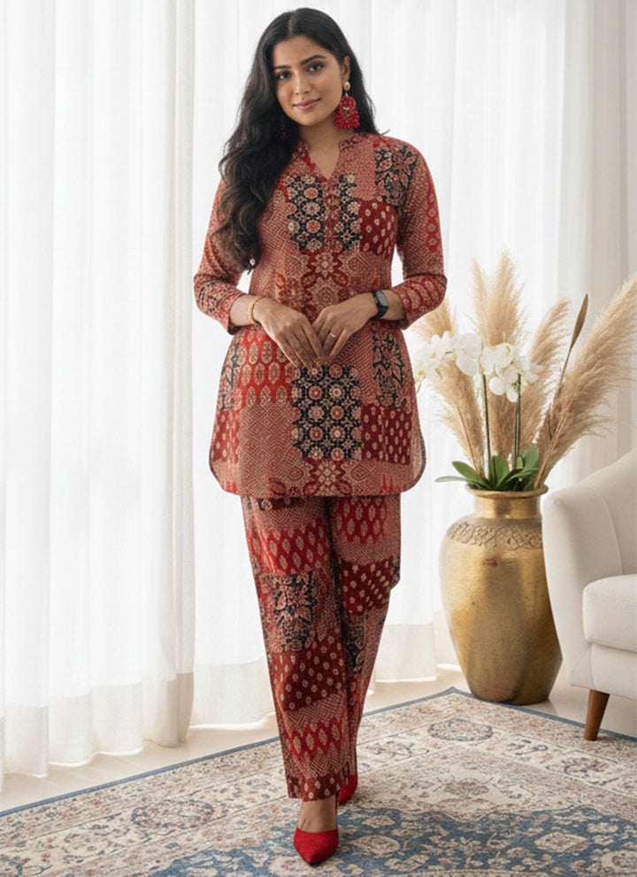 Red Soft Rayon Cotton Printed Cord Set