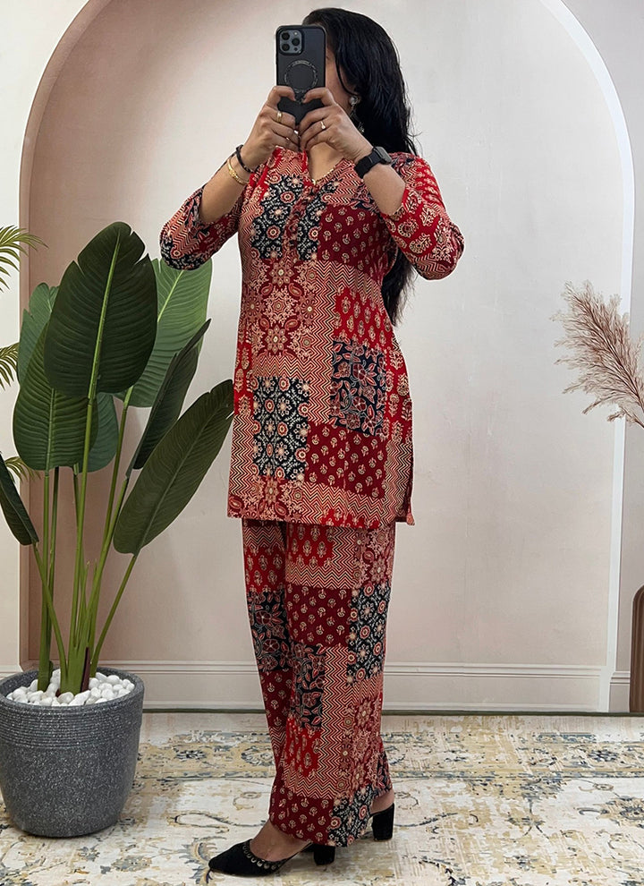 Red Soft Rayon Cotton Printed Cord Set