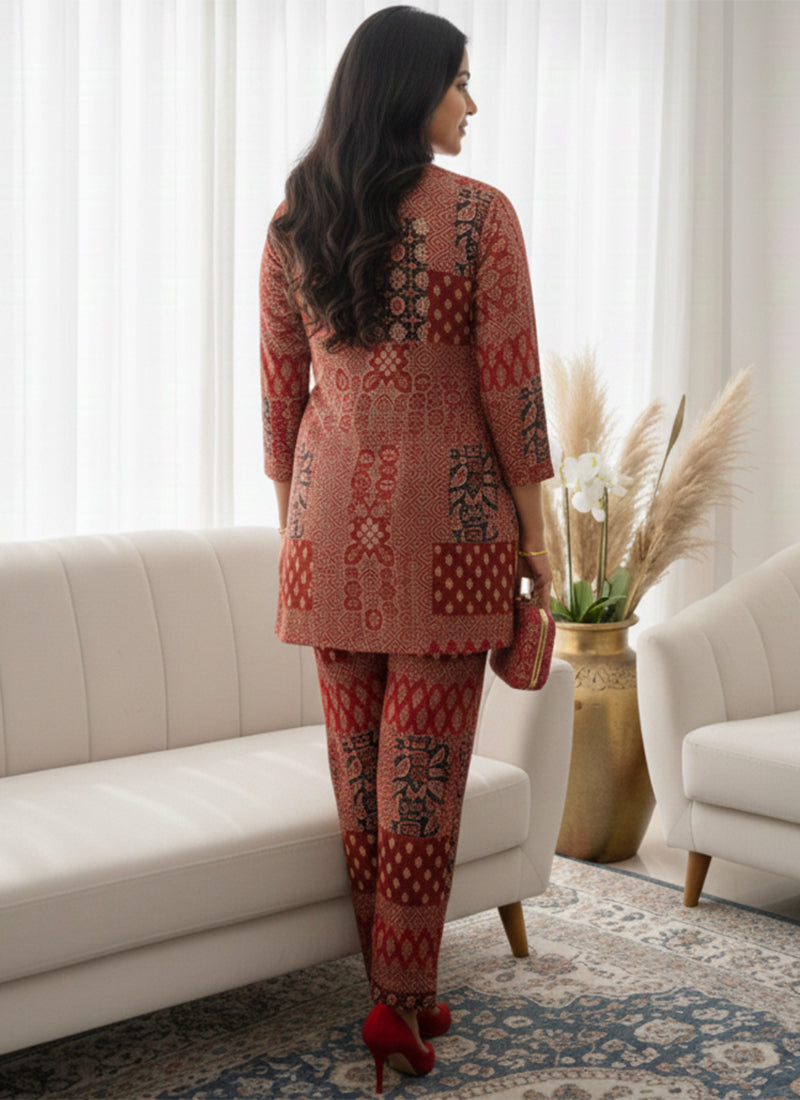 Red Soft Rayon Cotton Printed Cord Set