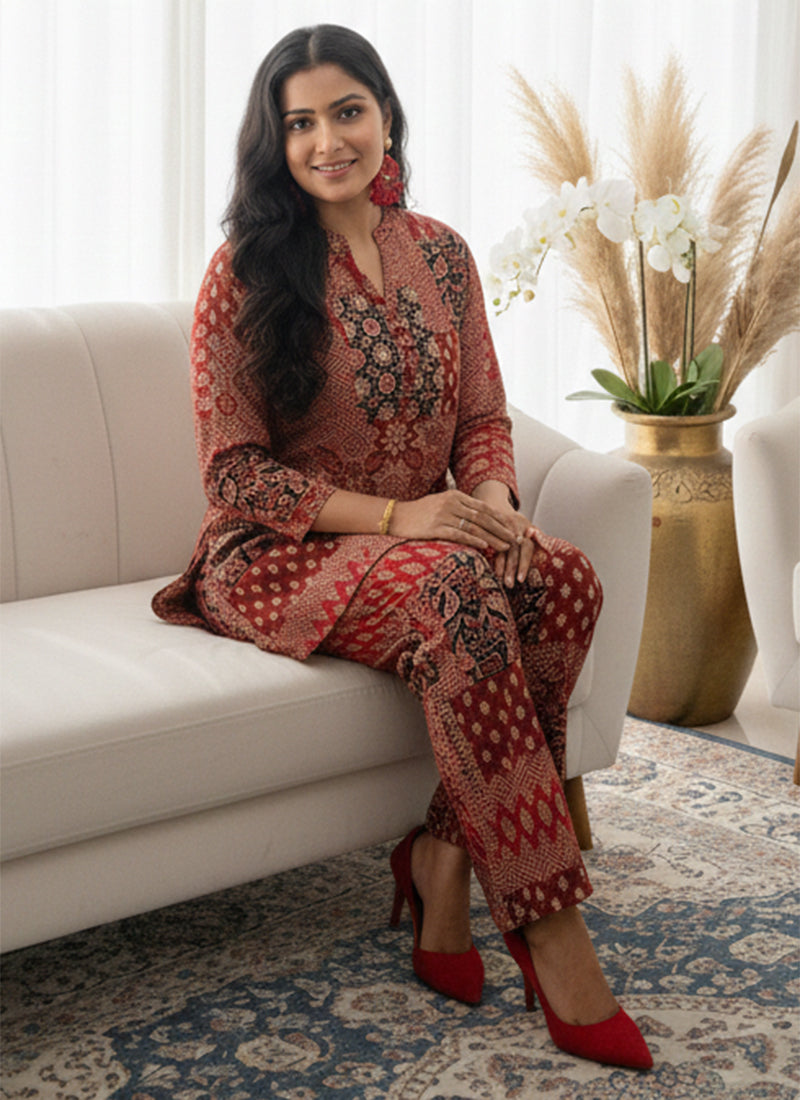 Red Soft Rayon Cotton Printed Cord Set