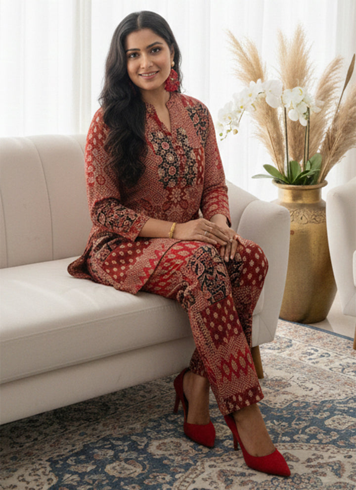 Red Soft Rayon Cotton Printed Cord Set