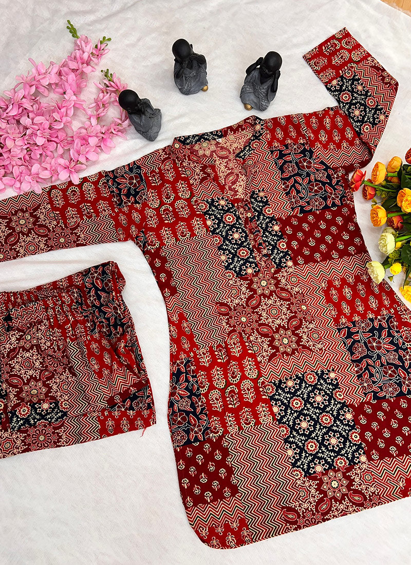 Red Soft Rayon Cotton Printed Cord Set