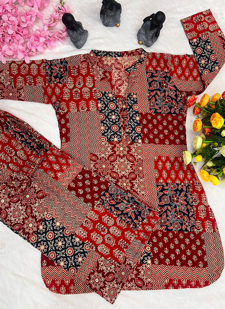 Red Soft Rayon Cotton Printed Cord Set