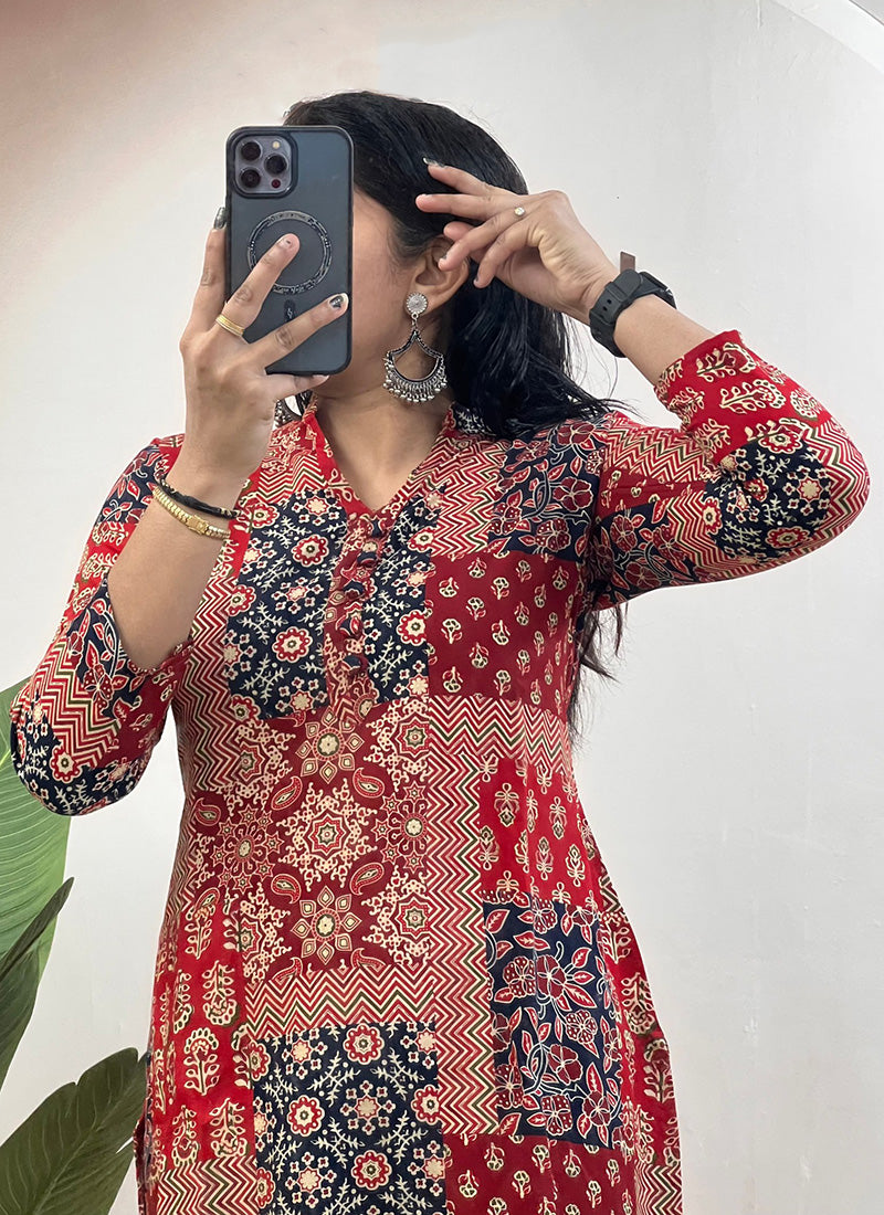 Red Soft Rayon Cotton Printed Cord Set