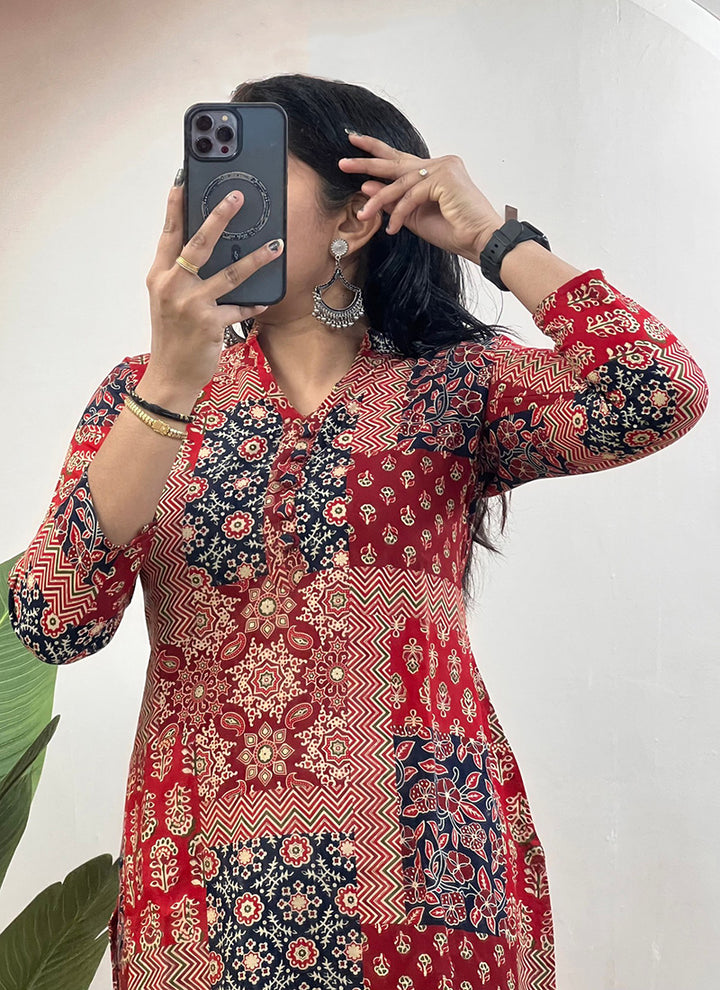 Red Soft Rayon Cotton Printed Cord Set