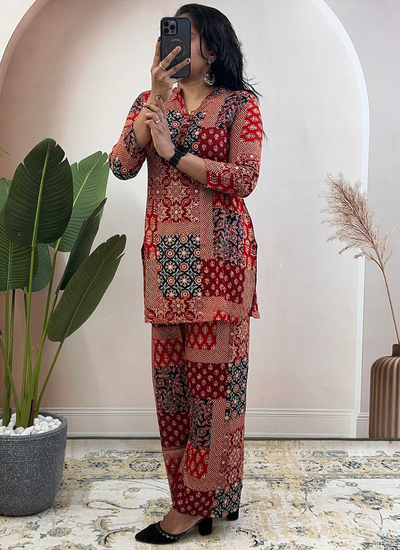 Red Soft Rayon Cotton Printed Cord Set