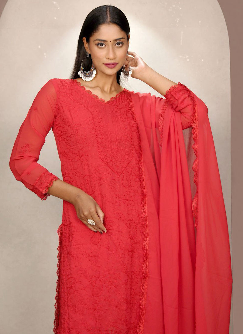 Red Faux Georgette Chikankari Palazzo Style Kurta Set