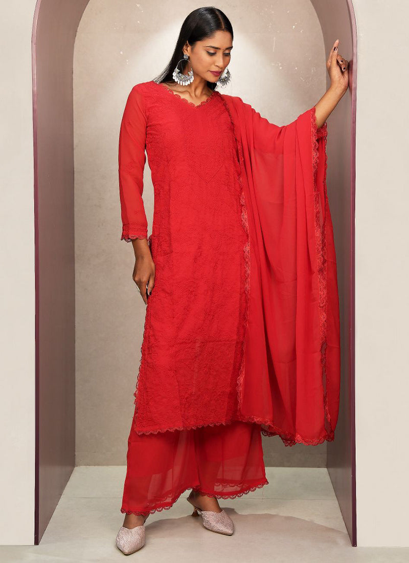 Red Faux Georgette Chikankari Palazzo Style Kurta Set