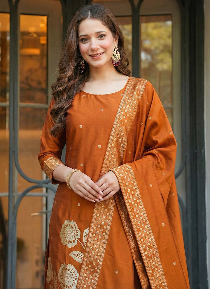 Orange Art Silk Jacquard Festive Kurta Set