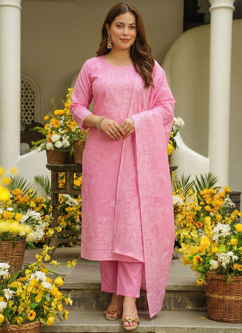 Candy Pink Pure Cotton Jacquard Kurta Set