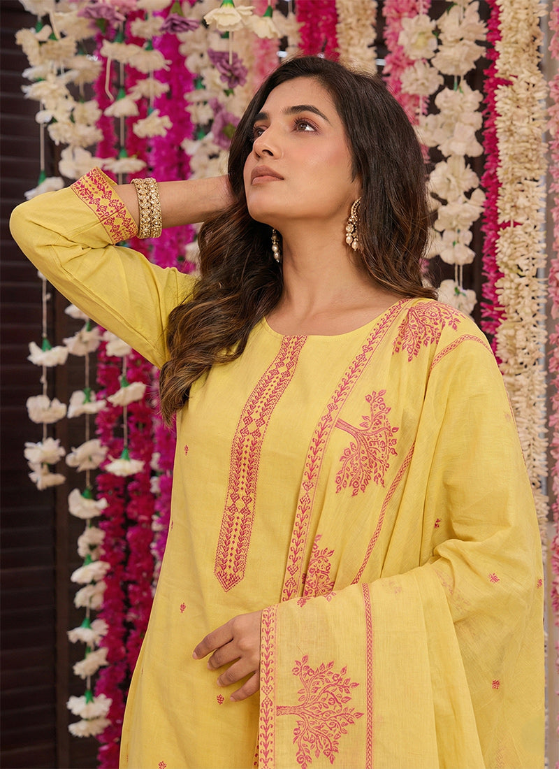 Yellow Pure Cotton Jacquard Haldi Kurta Set