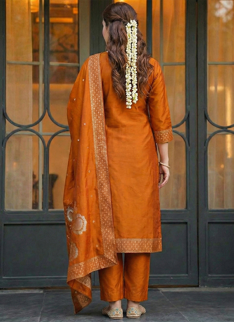 Orange Art Silk Jacquard Festive Kurta Set