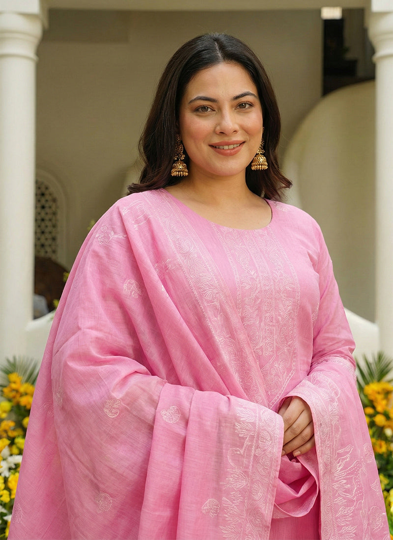 Candy Pink Pure Cotton Jacquard Kurta Set