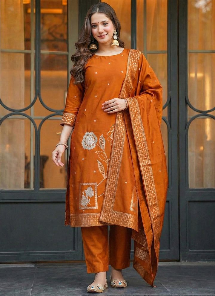 Orange Art Silk Jacquard Festive Kurta Set