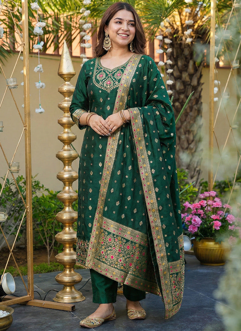 Green Art Silk Jacquard Festive Kurta Set