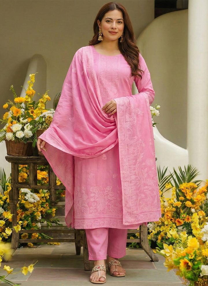 Candy Pink Pure Cotton Jacquard Kurta Set
