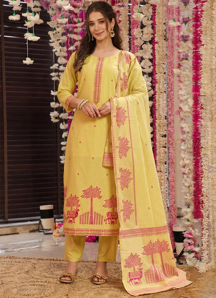 Yellow Pure Cotton Jacquard Haldi Kurta Set
