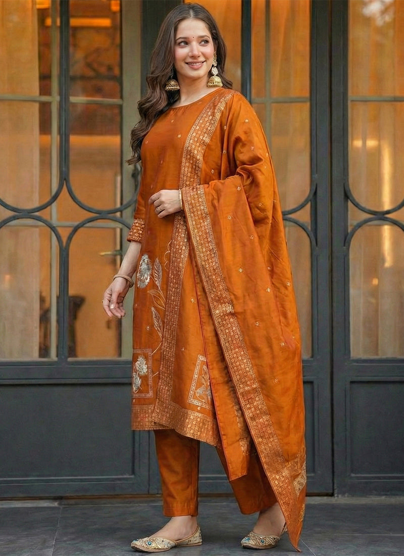 Orange Art Silk Jacquard Festive Kurta Set