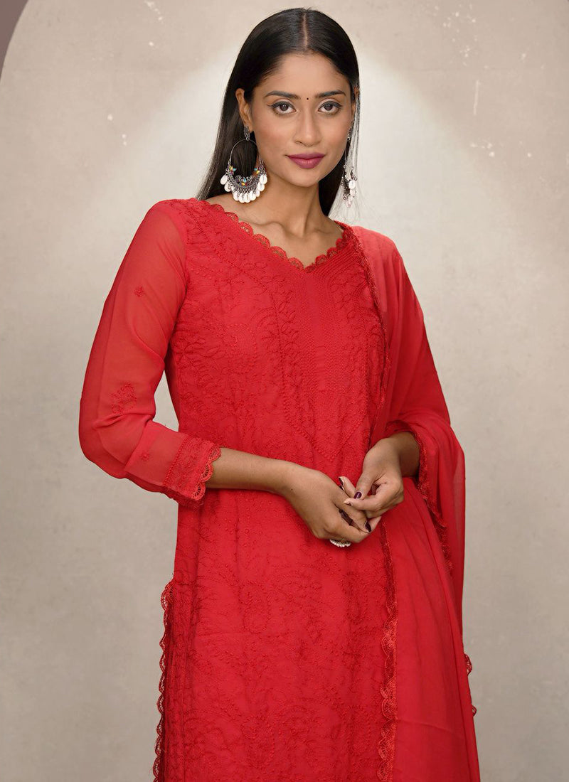 Red Faux Georgette Chikankari Palazzo Style Kurta Set