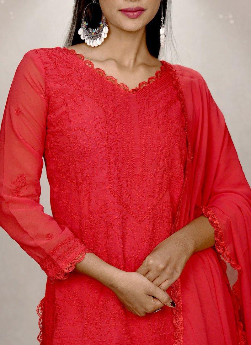 Red Faux Georgette Chikankari Palazzo Style Kurta Set