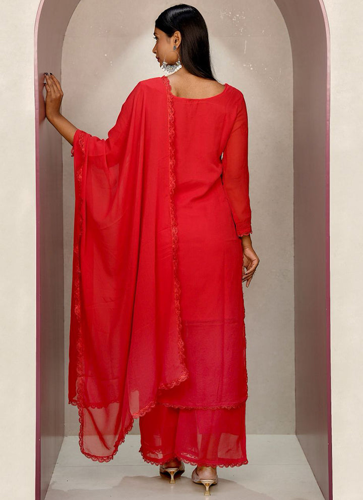 Red Faux Georgette Chikankari Palazzo Style Kurta Set