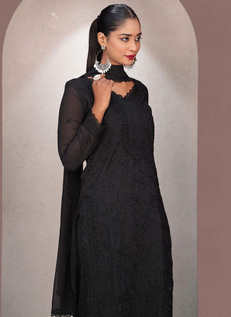 Black Georgette Palazzo Style Ceremonial Kurta Set