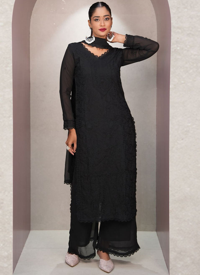 Black Georgette Palazzo Style Ceremonial Kurta Set