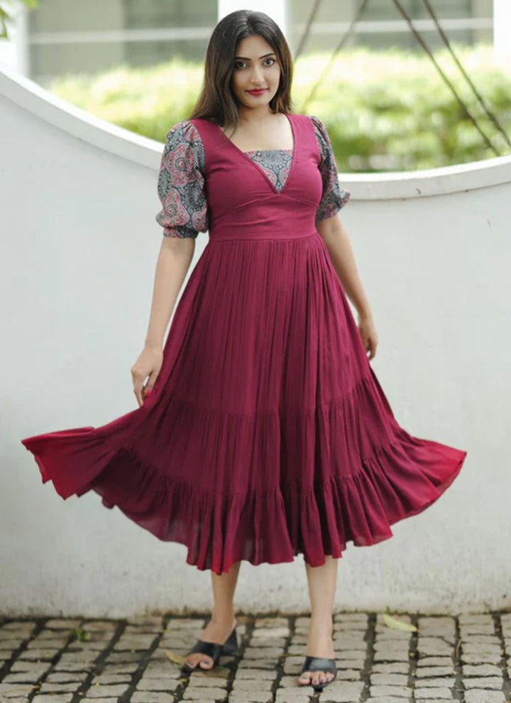Maroon Rayon Printed Outwear Midi Dress