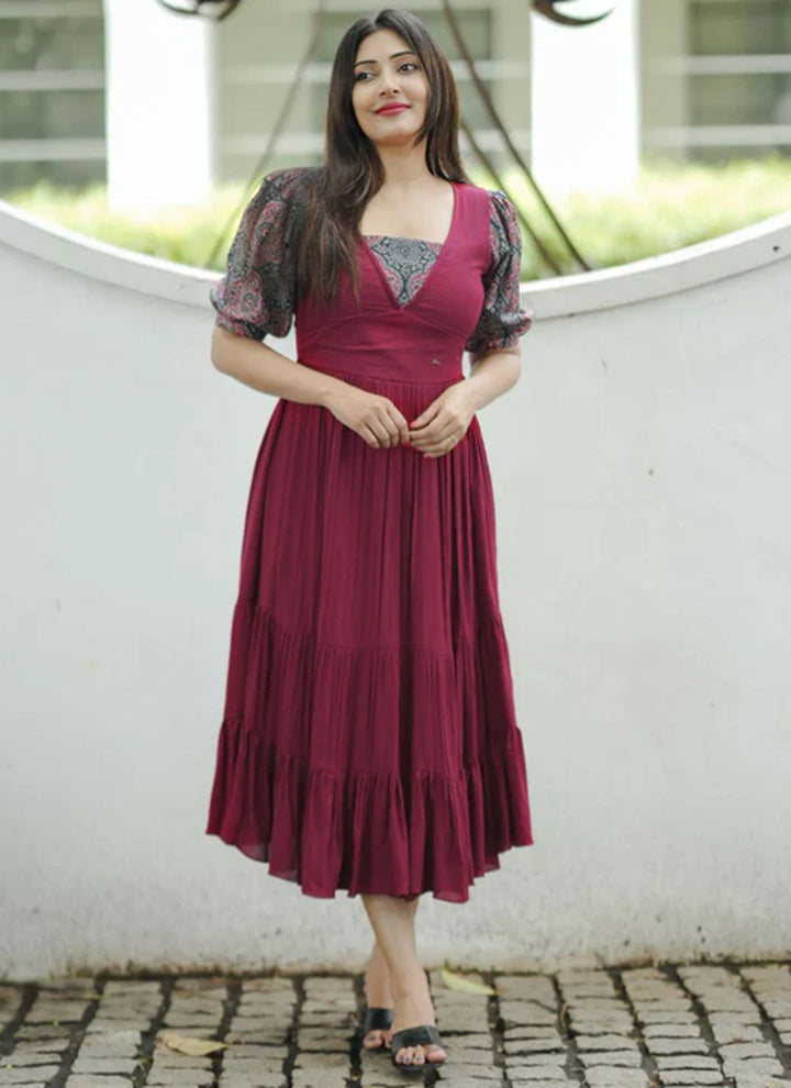Maroon Rayon Printed Outwear Midi Dress