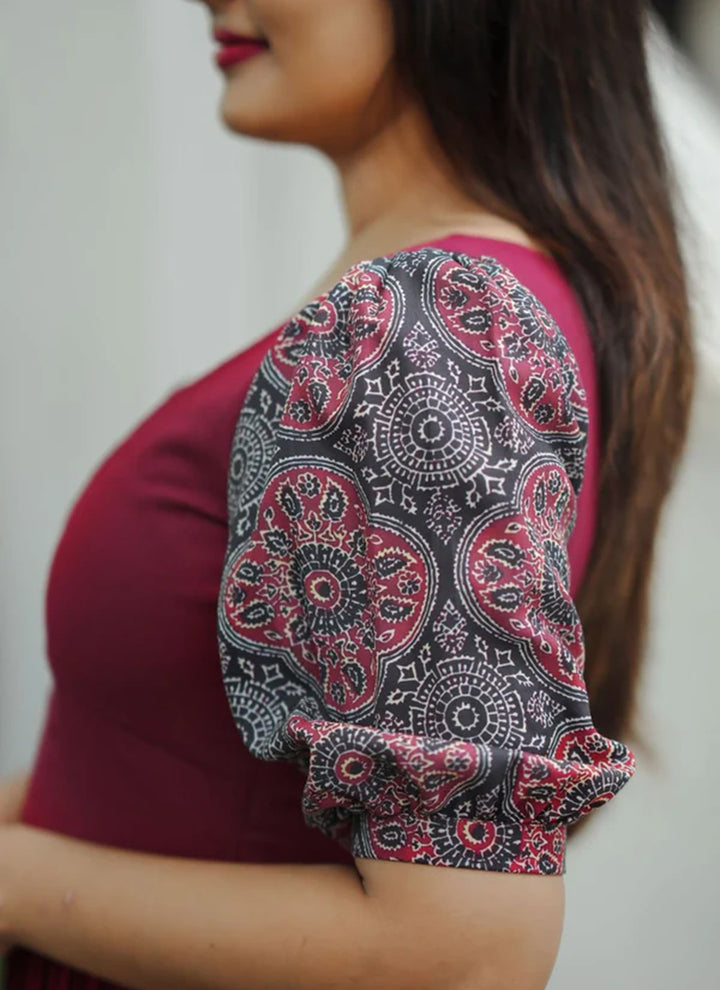Maroon Rayon Printed Outwear Midi Dress