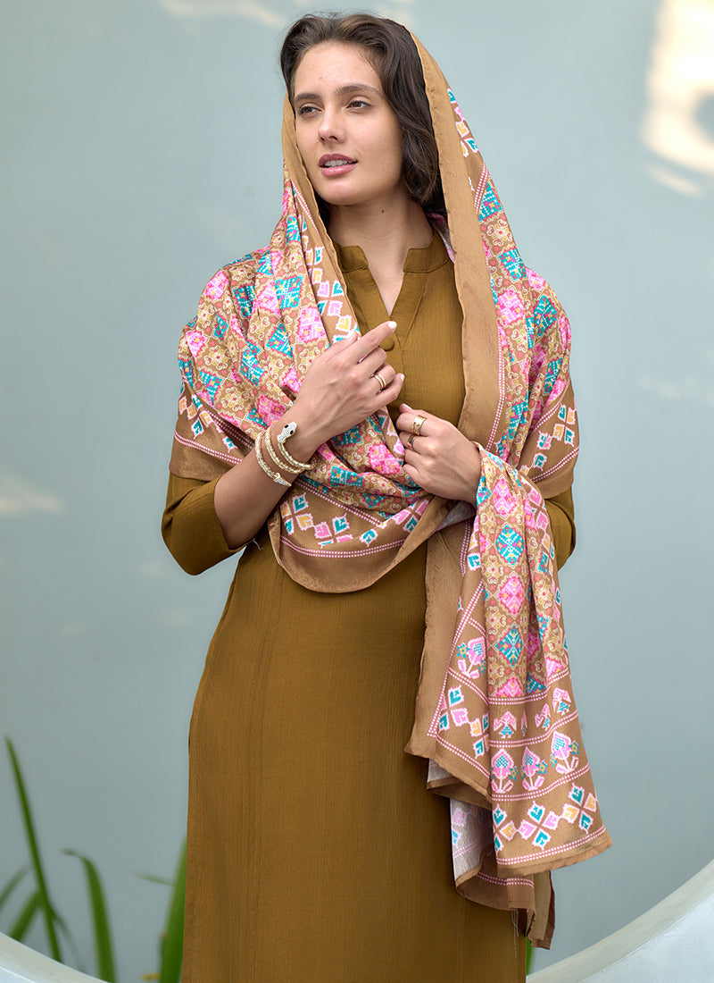 Mustard Vatican Straight Kurta Set With Printed Dupatta
