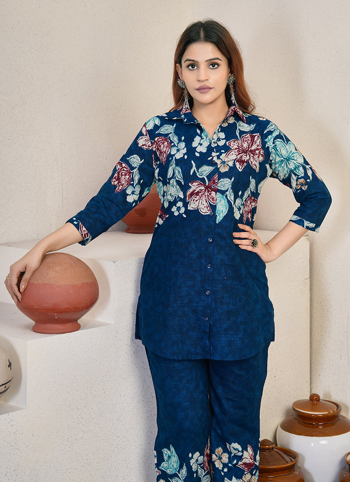 Cotton Blue Flower Printed Cord Set For Outwear
