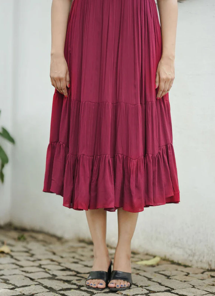Maroon Rayon Printed Outwear Midi Dress