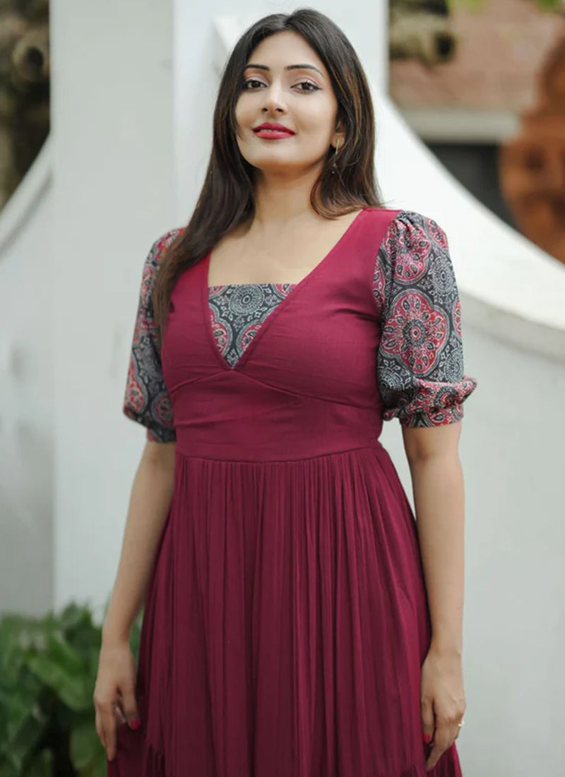 Maroon Rayon Printed Outwear Midi Dress