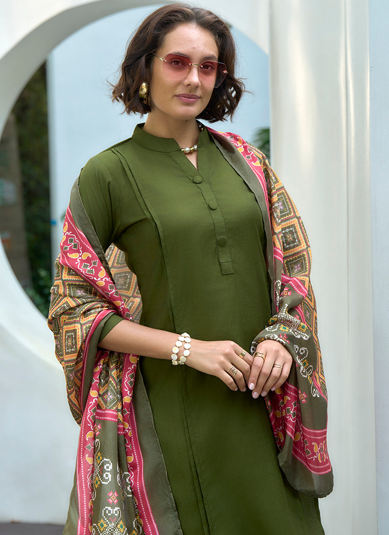 Lively Green Straight Kurta Set With Printed Dupatta