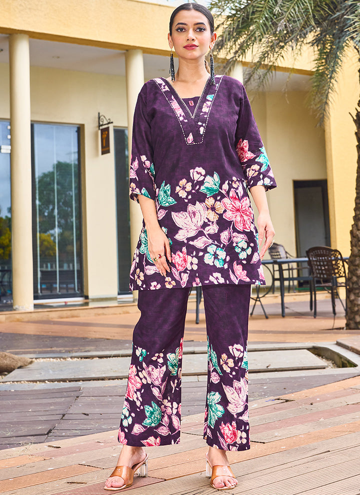 Cotton Embroidered Purple Festive Wear Cord Set