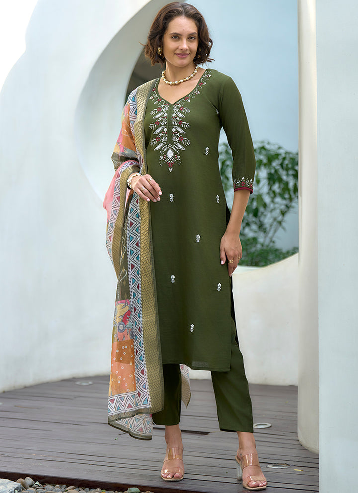 Embroidered Green Kurta With Trouser And Dupatta