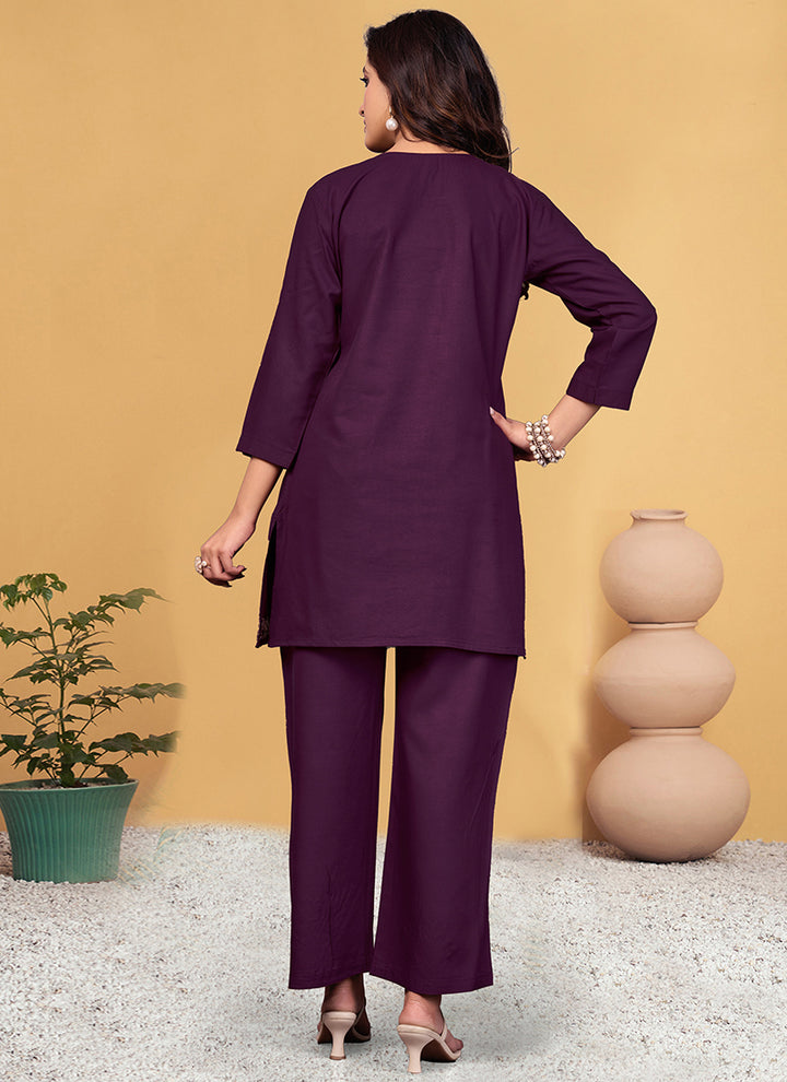 Purple Viscose Rayon Embroidered Cord Set