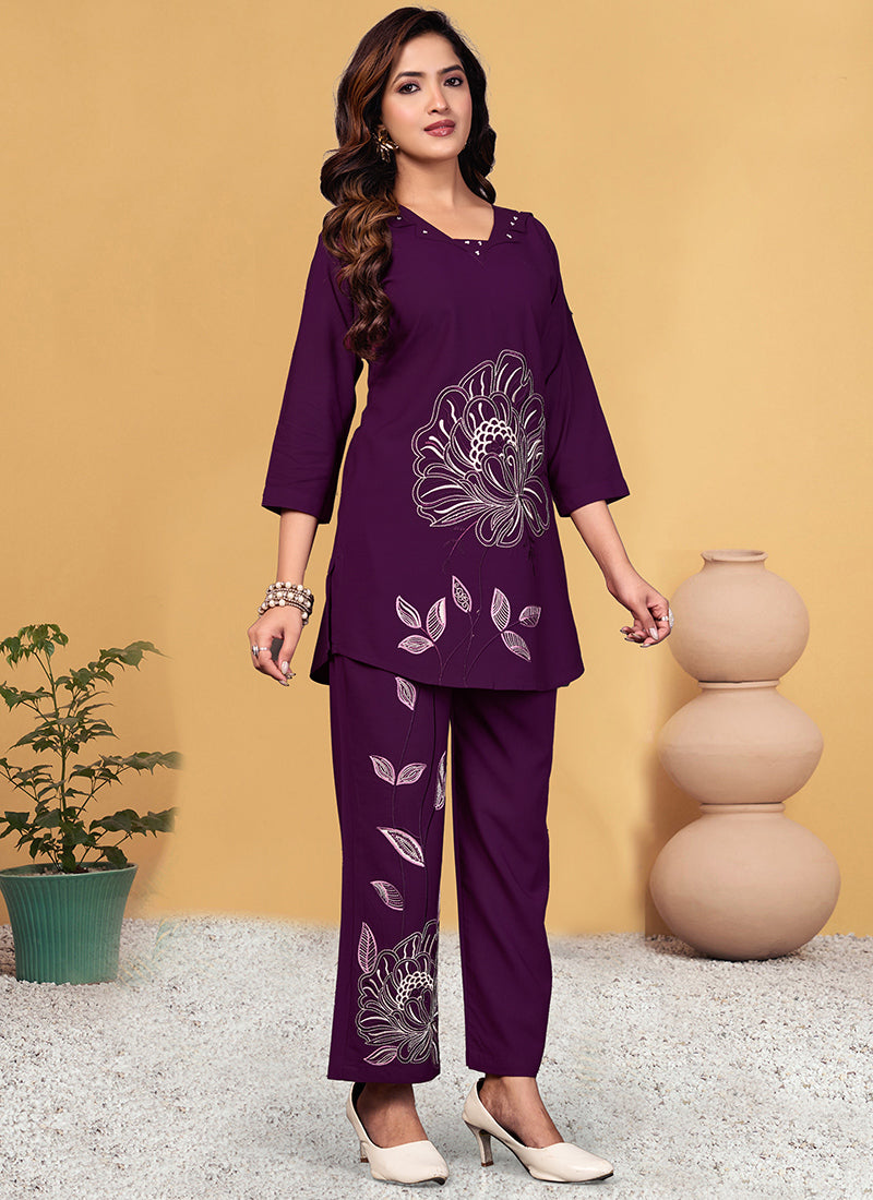 Viscose Rayon Purple V Neck Cord Set For Outwear