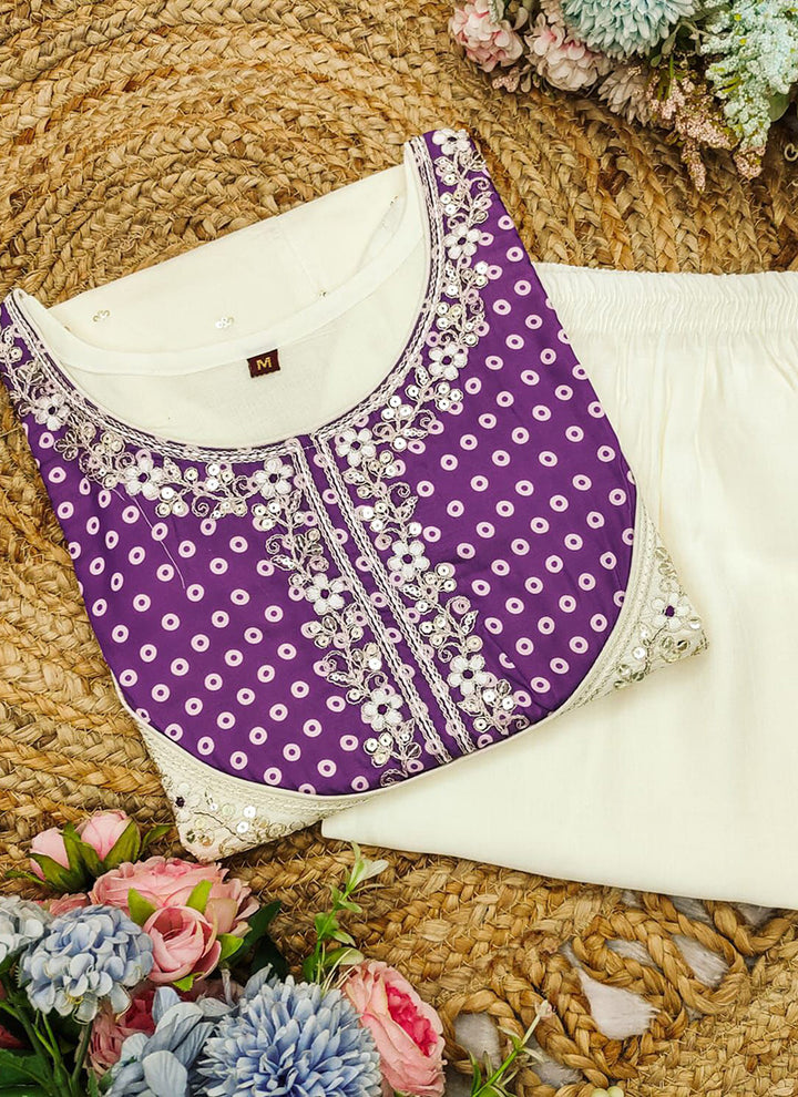 Off White And Purple Embroidered Kurta With Palazzo Pant