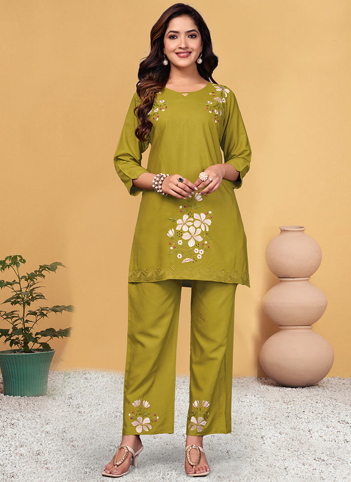 Khakhi Viscose Rayon Embroidered Cord Set