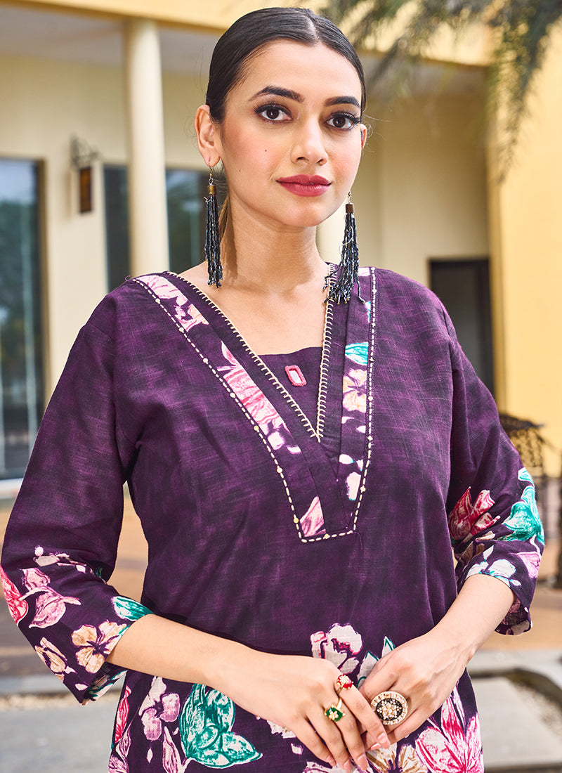 Cotton Embroidered Purple Festive Wear Cord Set