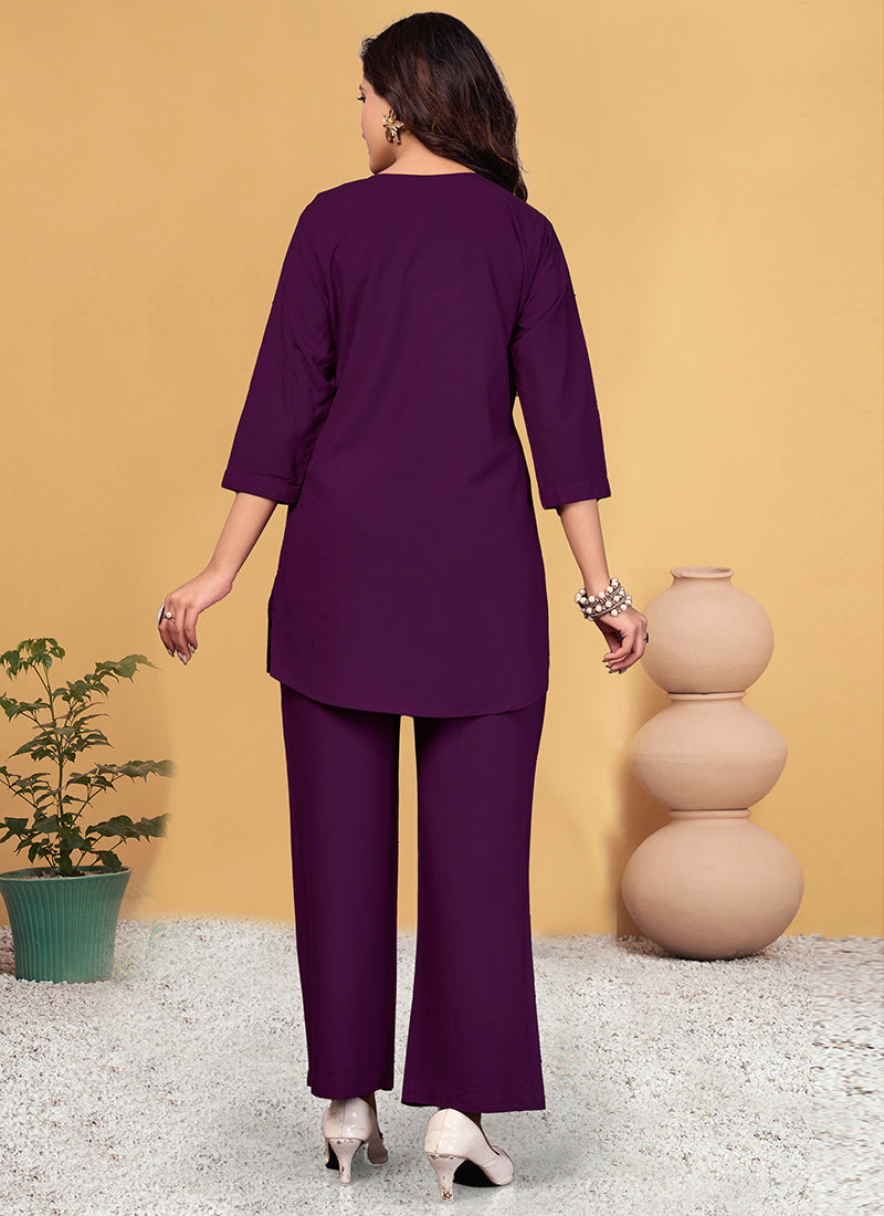 Viscose Rayon Purple V Neck Cord Set For Outwear