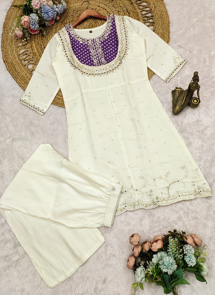 Off White And Purple Embroidered Kurta With Palazzo Pant