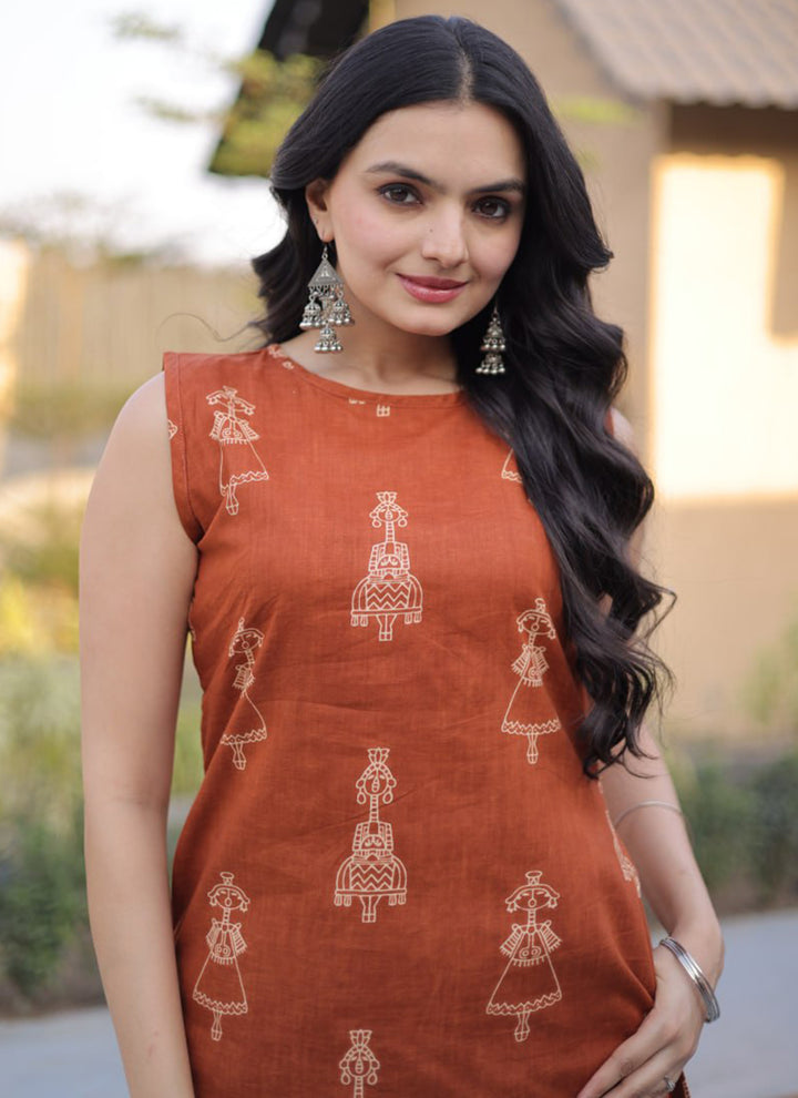 Rust Folk Art Printed Cotton Outwear Kurti And Pant