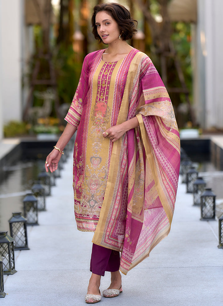 Pink Printed Silk Blend Casual Kurta Set
