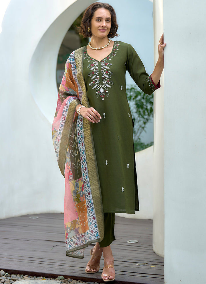 Embroidered Green Kurta With Trouser And Dupatta
